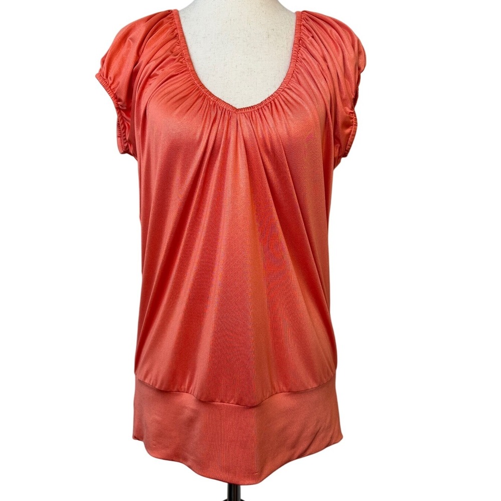 Cache Tunic Top Blouse‎ Coral Ruched Neck Short Sleeve Casual XS